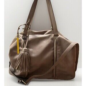 Cromia Purse Bag Hobo Beige Tassel Logo Strap Handles Goat Skin Italy